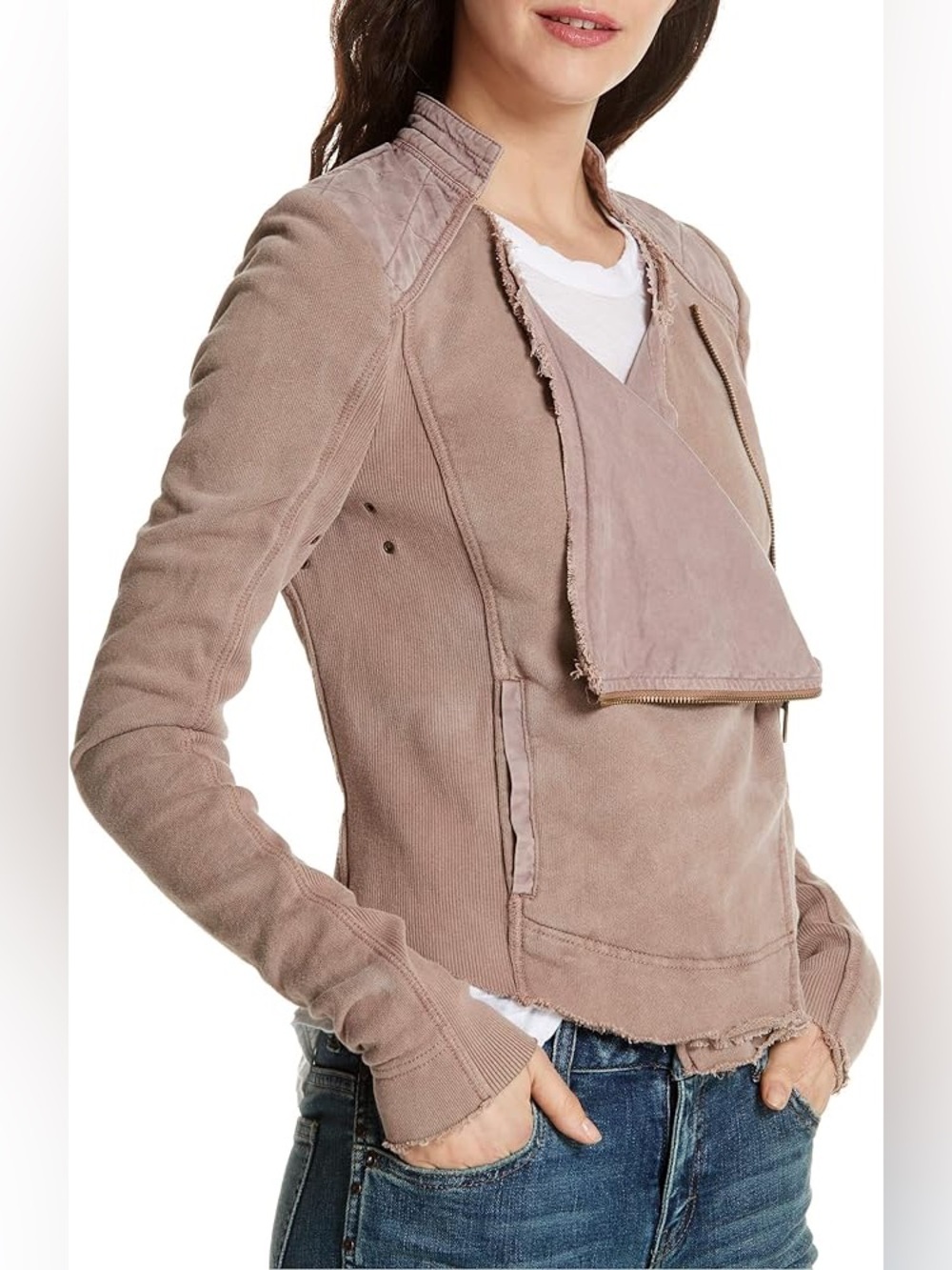 Free People Soft Pink Moto Jacket S Raw Edge Asymmetric Zip Boho Indie Sleaze